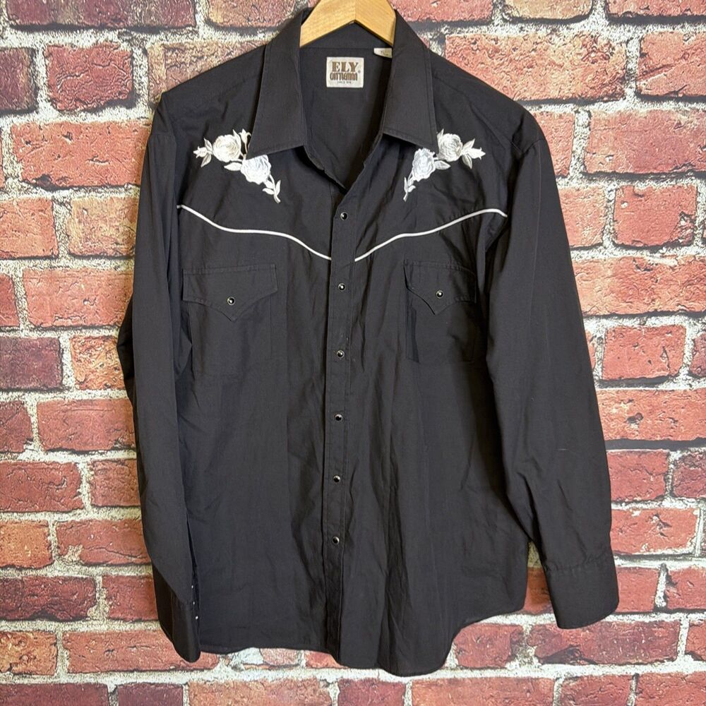Vintage Ely Diamond Pearl Snap Western Shirt Embroidered Roses Cowboy Rodeo XL